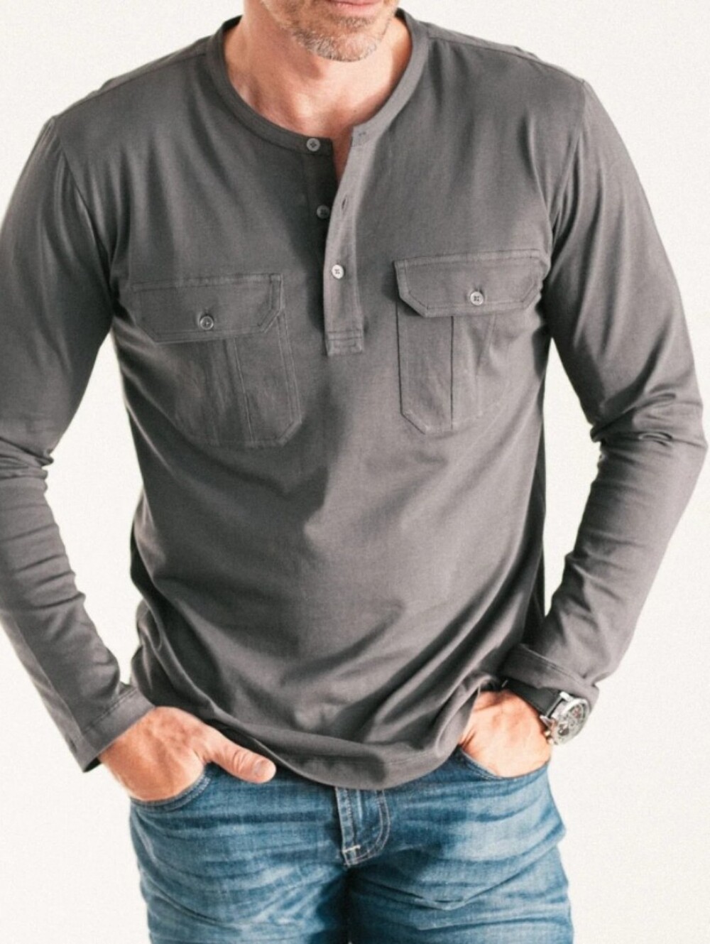 Express XL Mens Cotton Henley Long Sleeve T-shirt Pockets